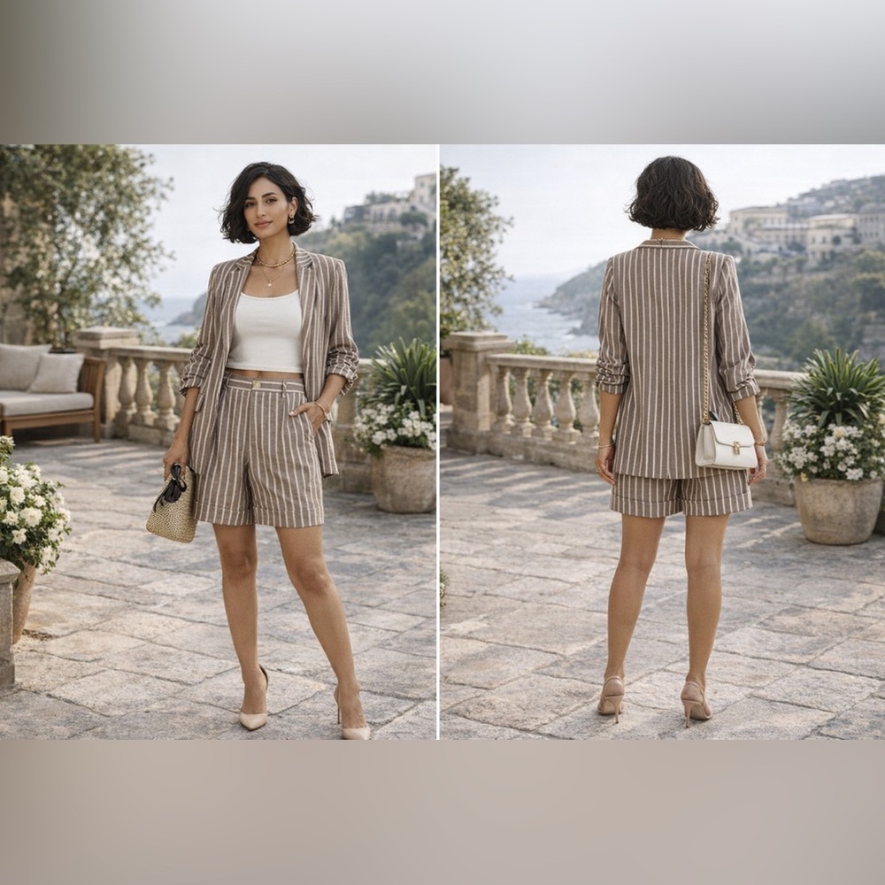 Striped Taupe Linen-Blend Shorts - Women Skirt Alternative